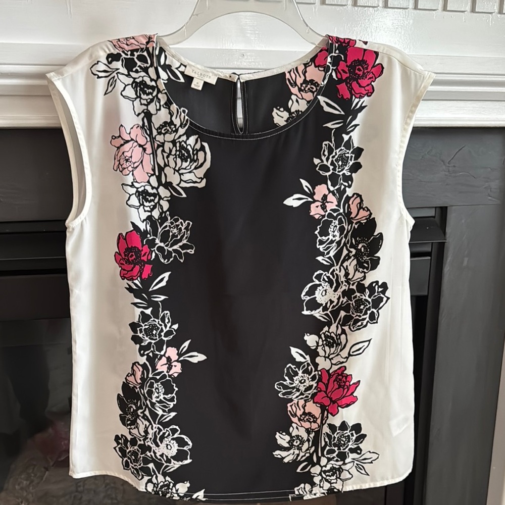Talbots Black and Cream Sleeveless Blouse with Floral Design